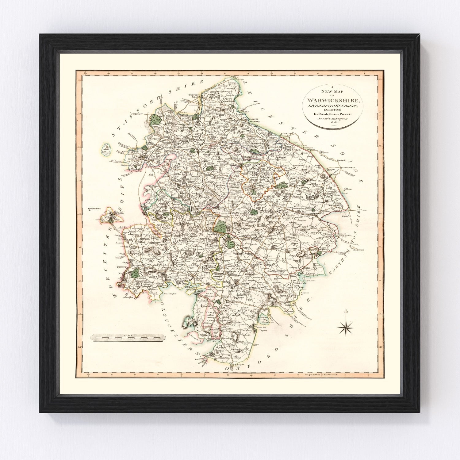 Vintage Map of Warwickshire County England, 1806