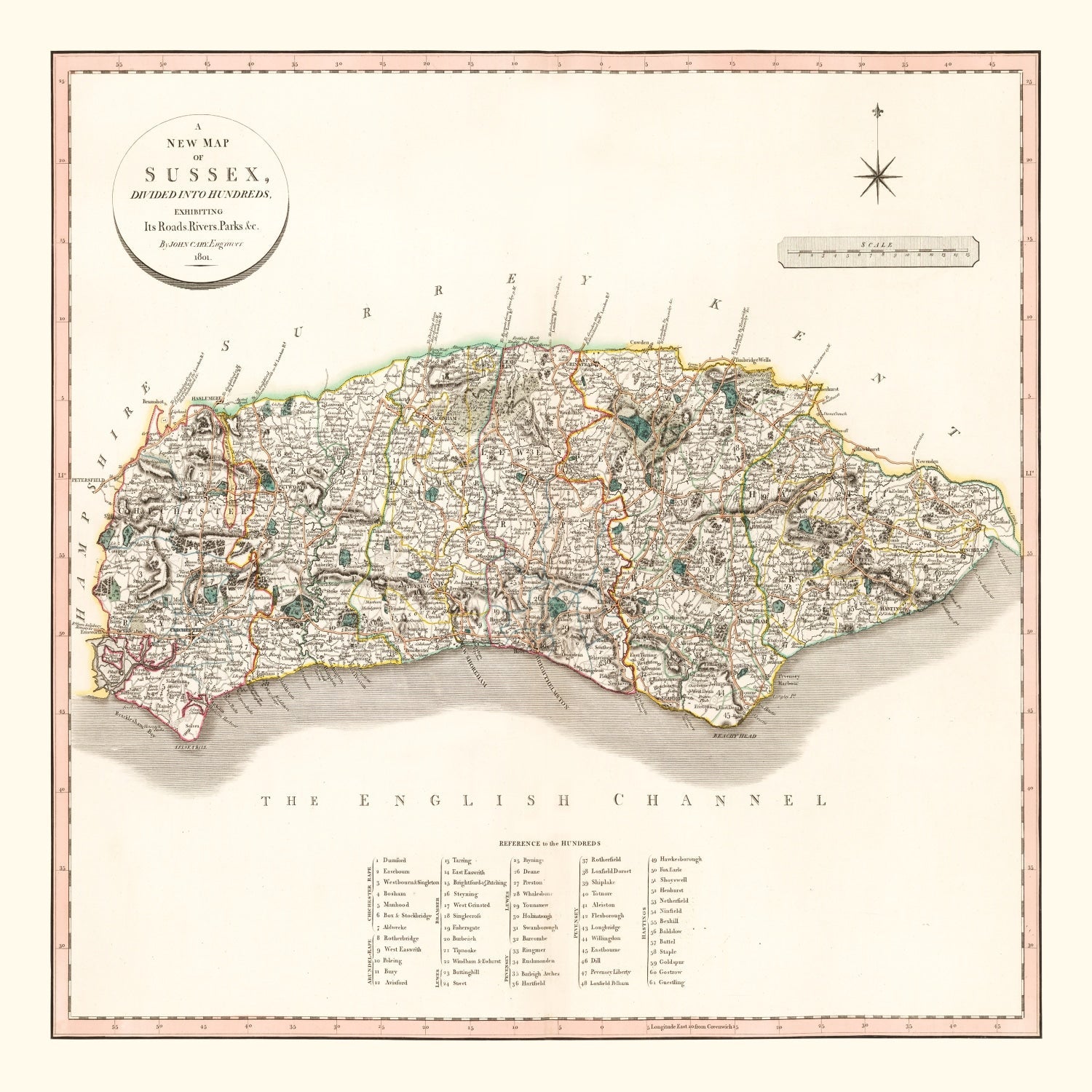 Vintage Map of Sussex County England, 1801