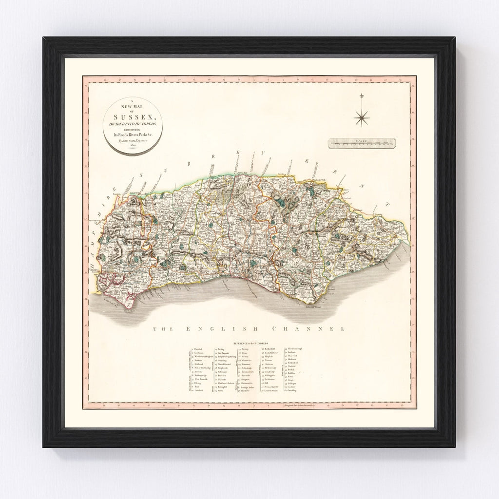 Vintage Map of Sussex County England, 1801