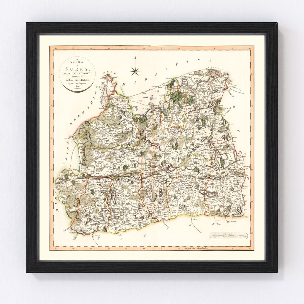 Vintage Map of Surry County England, 1801