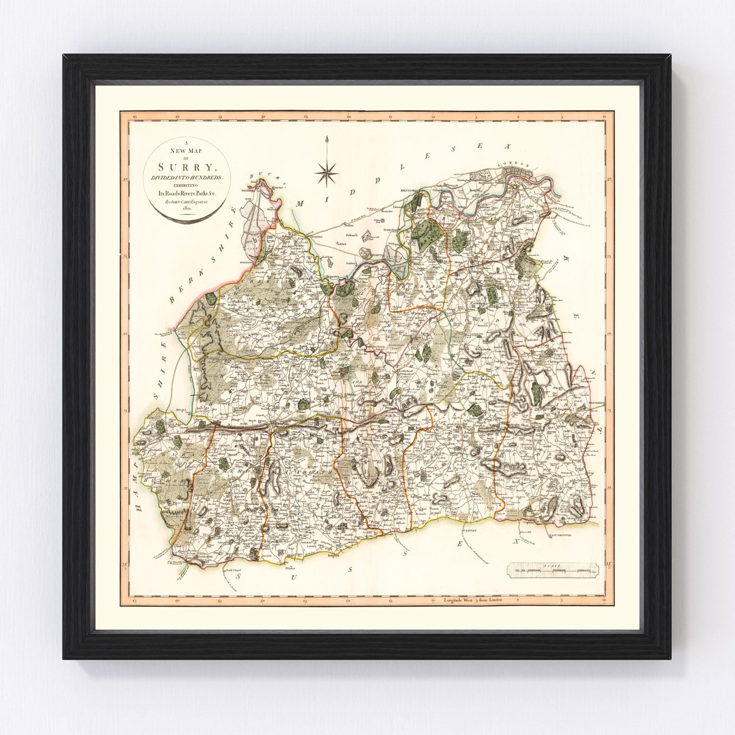Vintage Map of Surry County England, 1801