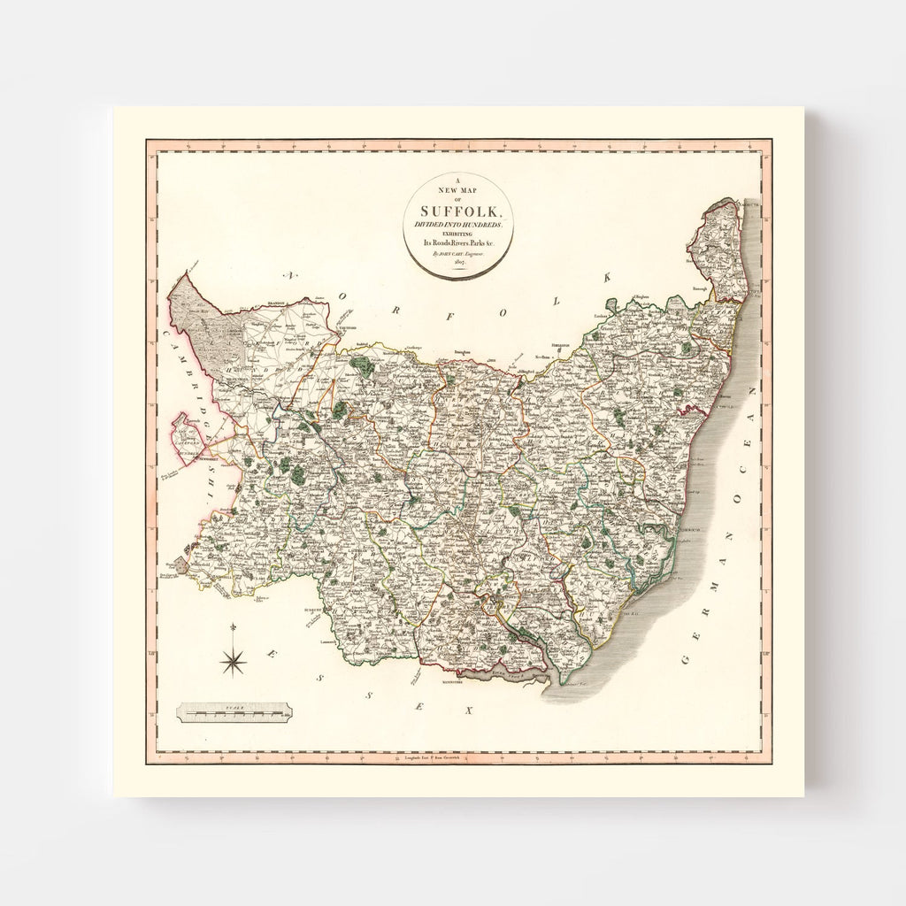 Vintage Map of Suffolk County England, 1807