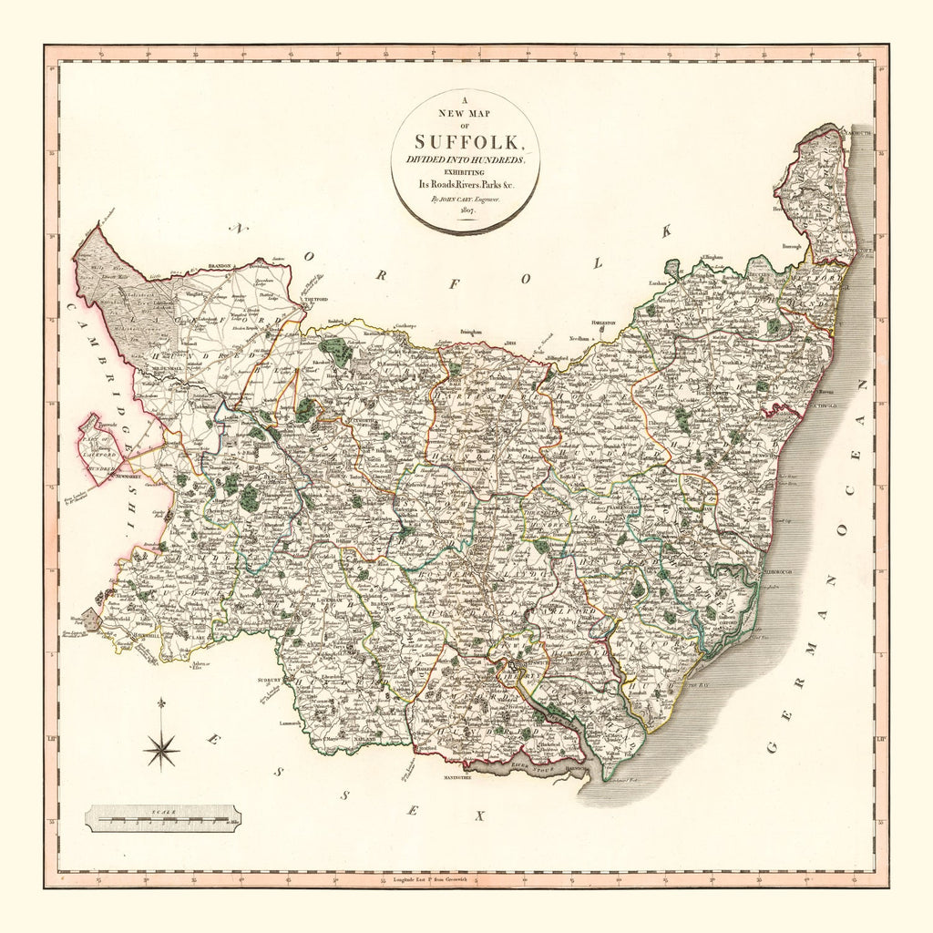 Vintage Map of Suffolk County England, 1807