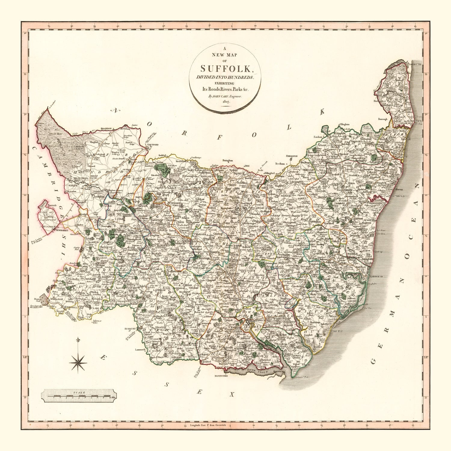 Vintage Map of Suffolk County England, 1807