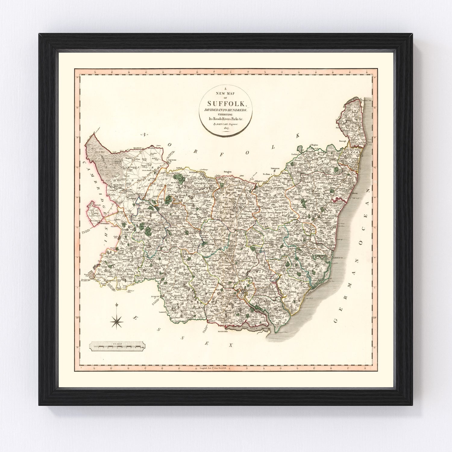 Vintage Map of Suffolk County England, 1807