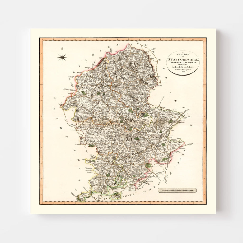 Vintage Map of Staffordshire County England, 1807