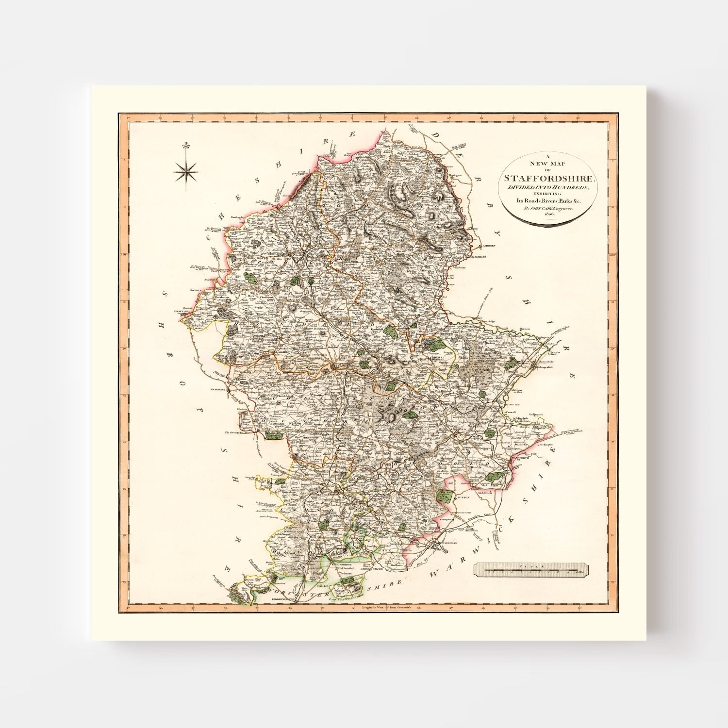 Vintage Map of Staffordshire County England, 1807