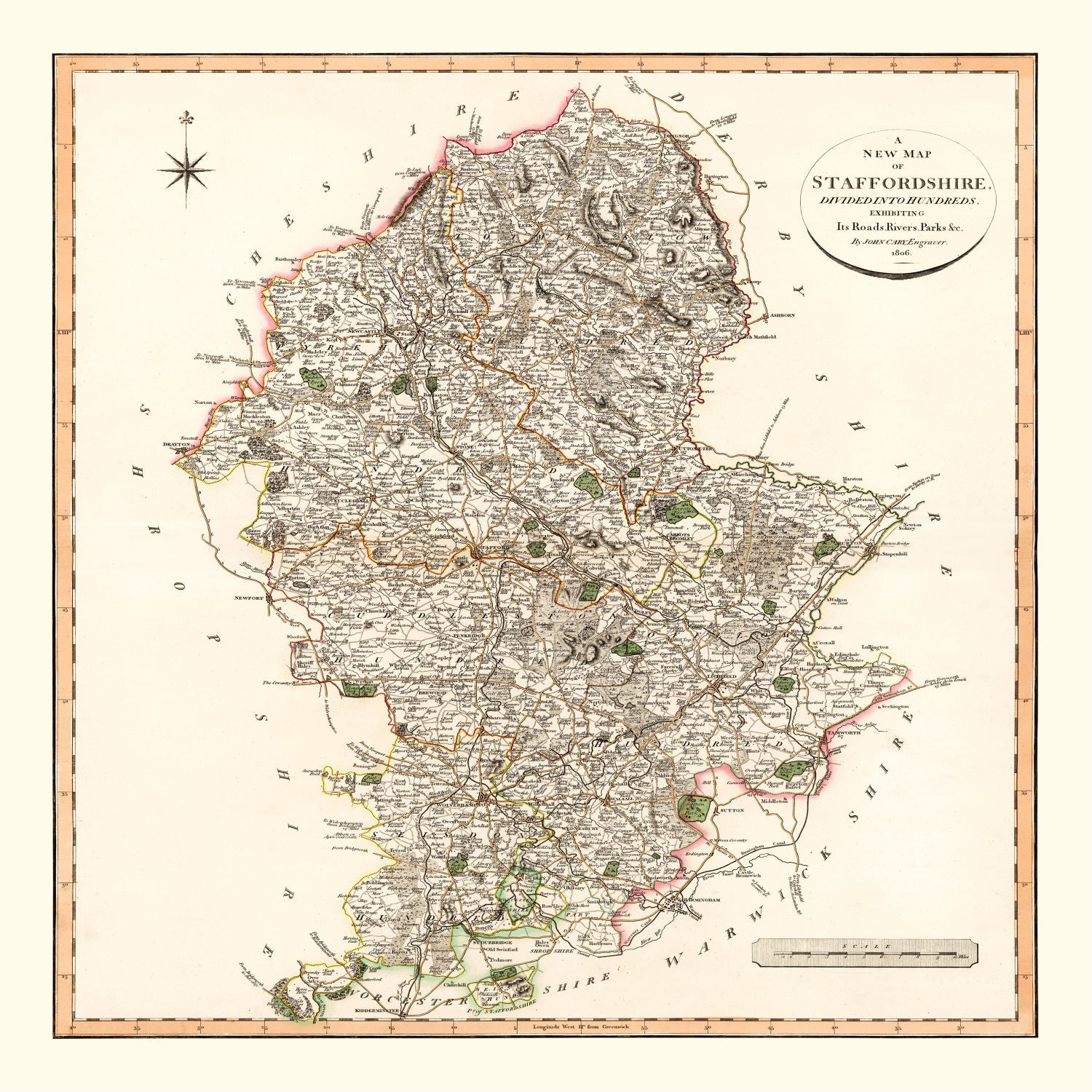 Vintage Map of Staffordshire County England, 1807