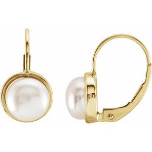 14K Yellow Gold Cultured White Freshwater Pearl Lever Back Earrings