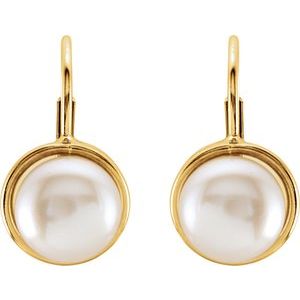 14K Yellow Gold Cultured White Freshwater Pearl Lever Back Earrings
