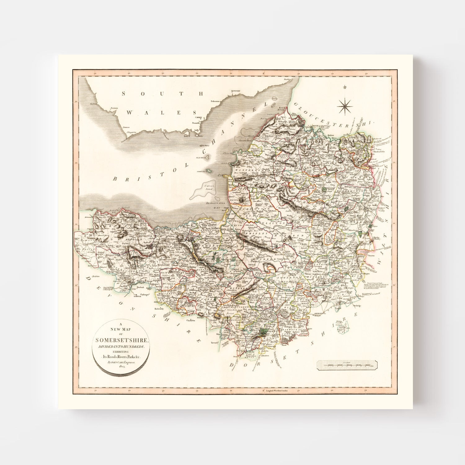 Vintage Map of Somersetshire County England, 1805