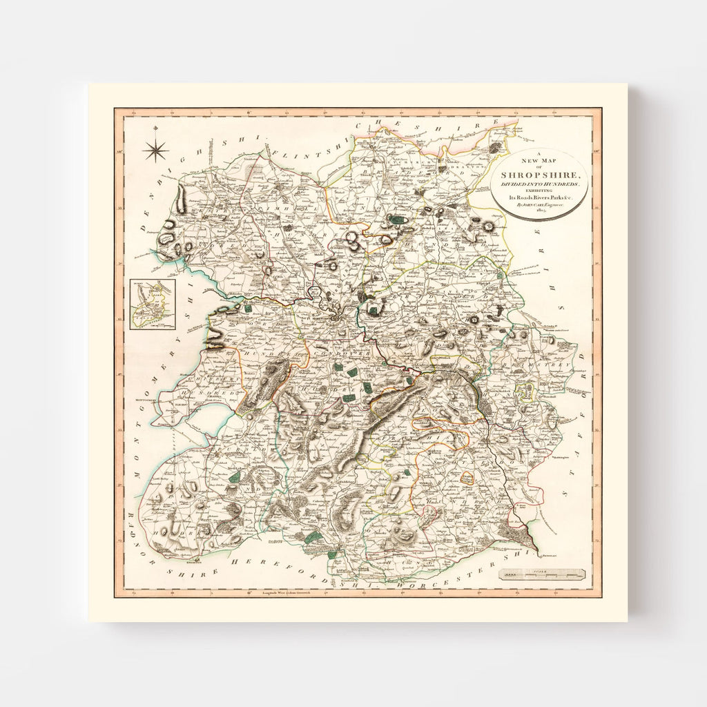 Vintage Map of Shropshire County England, 1805