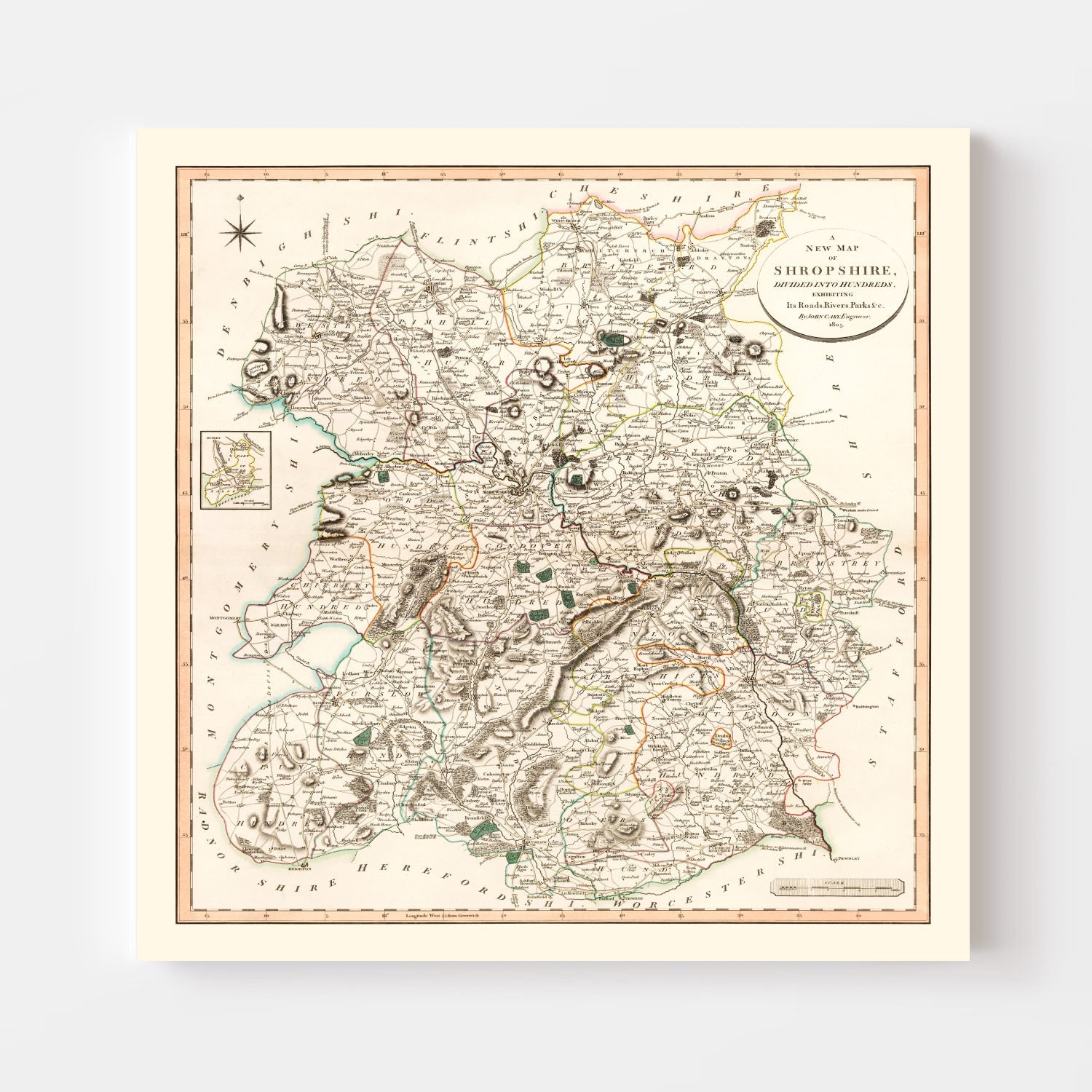 Vintage Map of Shropshire County England, 1805