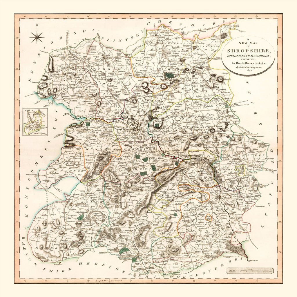 Vintage Map of Shropshire County England, 1805