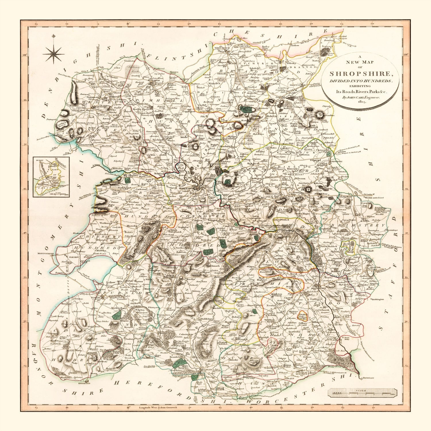 Vintage Map of Shropshire County England, 1805