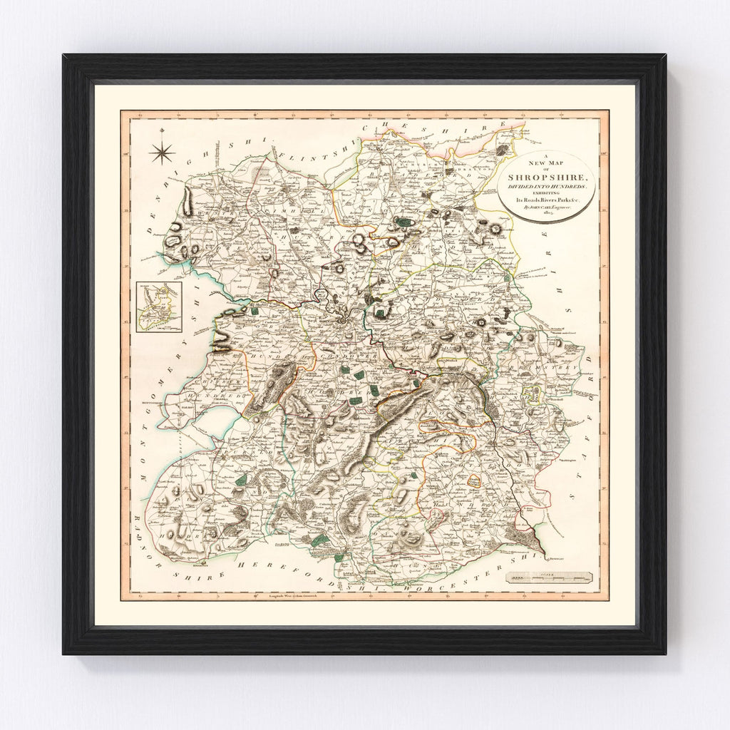 Vintage Map of Shropshire County England, 1805