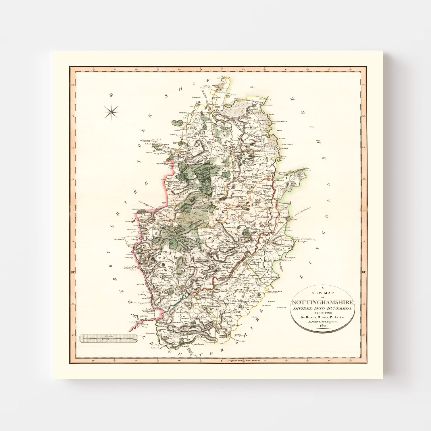Vintage Map of Nottinghamshire County England, 1801