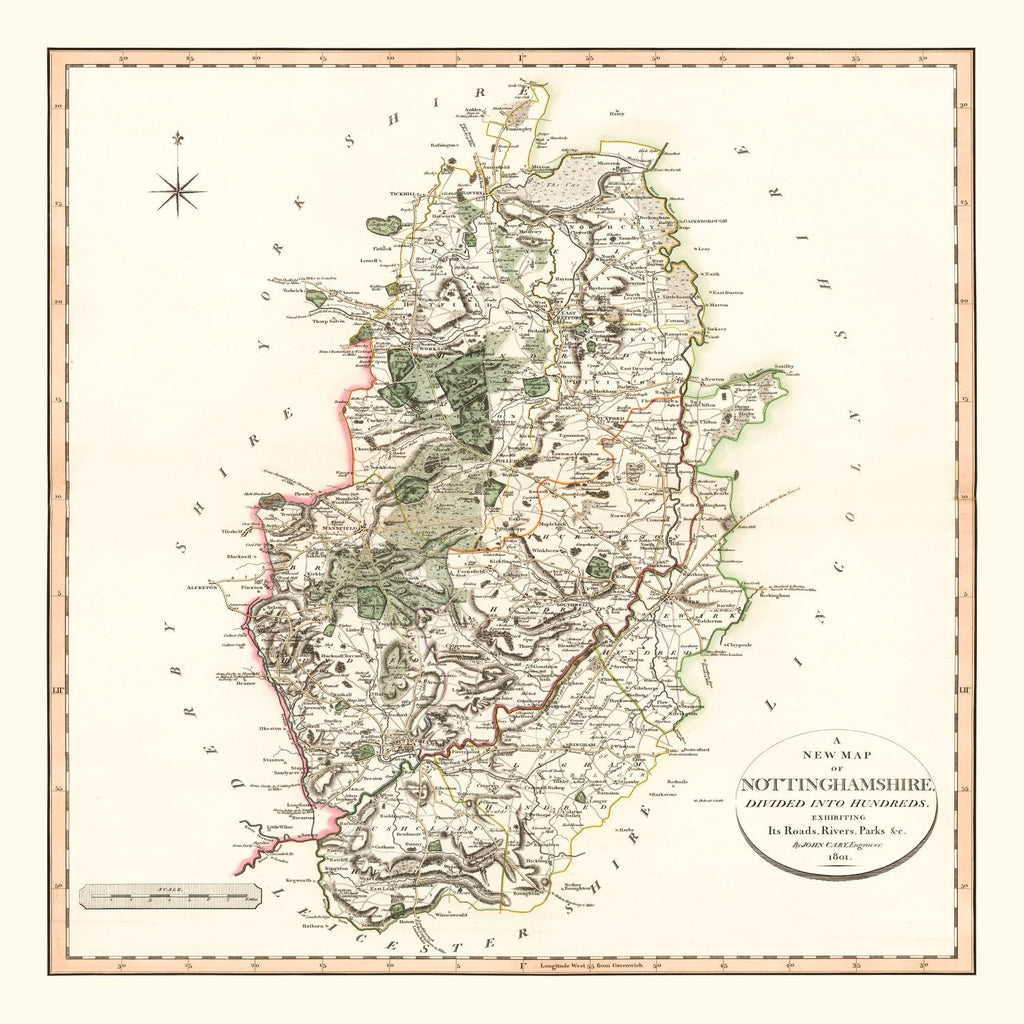 Vintage Map of Nottinghamshire County England, 1801