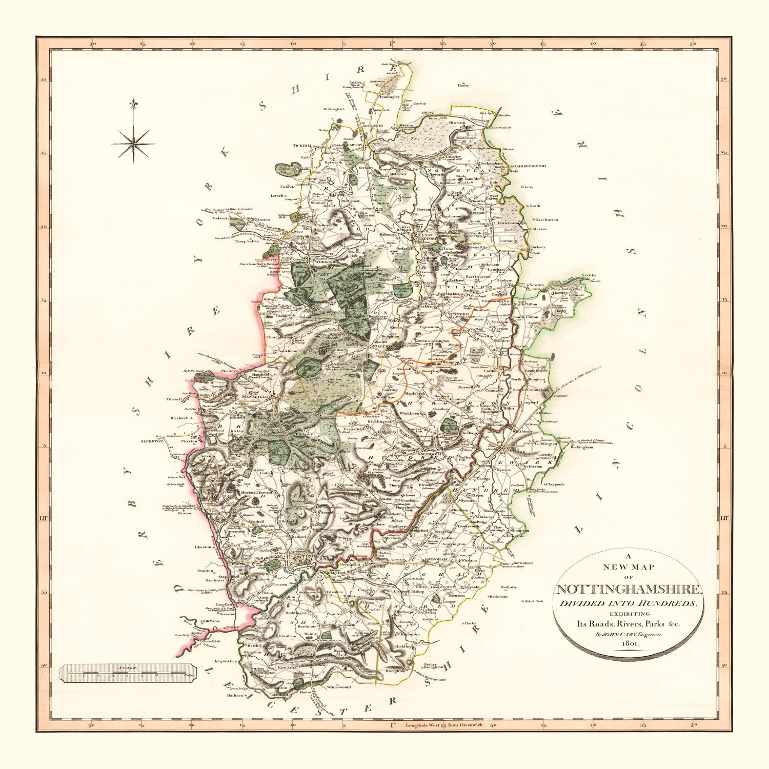 Vintage Map of Nottinghamshire County England, 1801