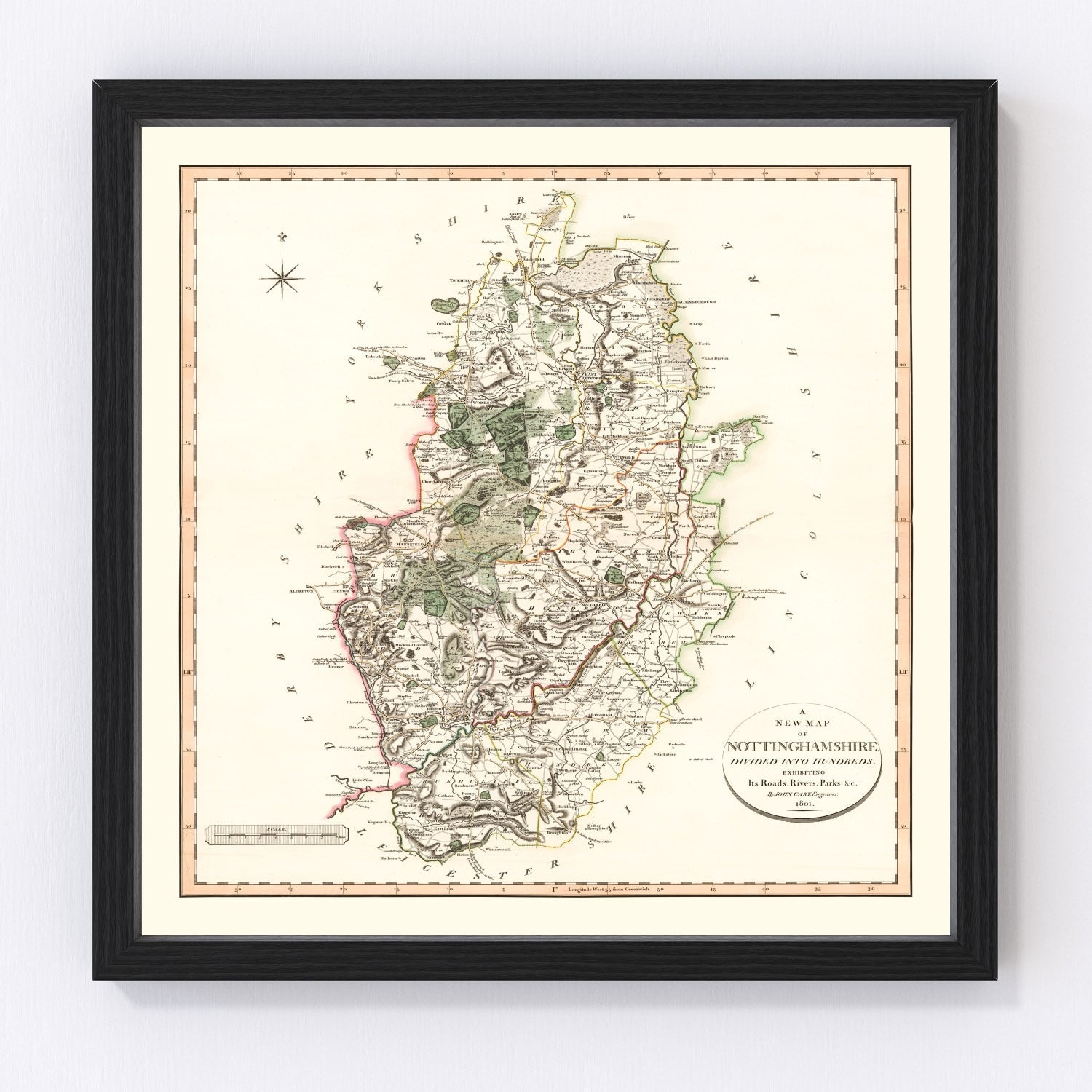 Vintage Map of Nottinghamshire County England, 1801