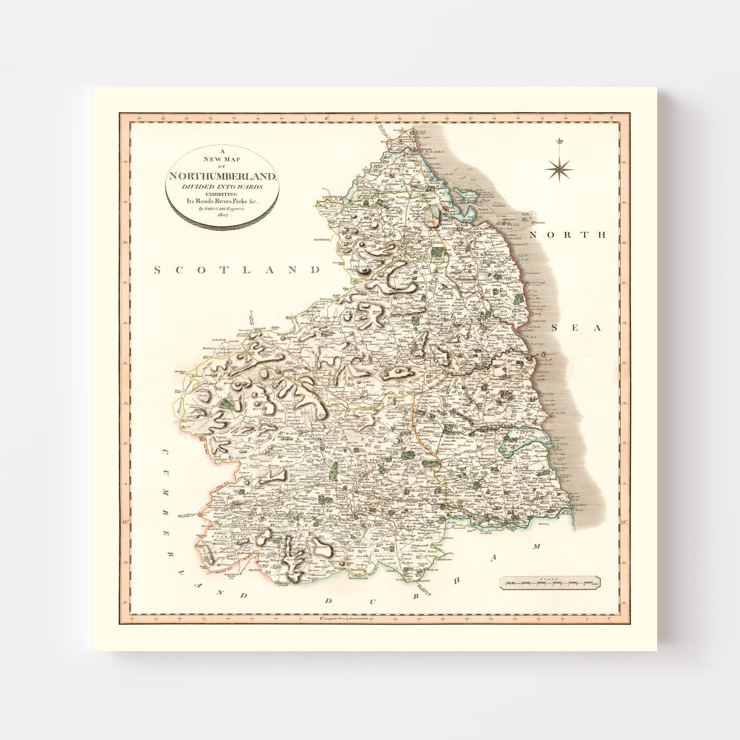 Vintage Map of Northumberland County England, 1807