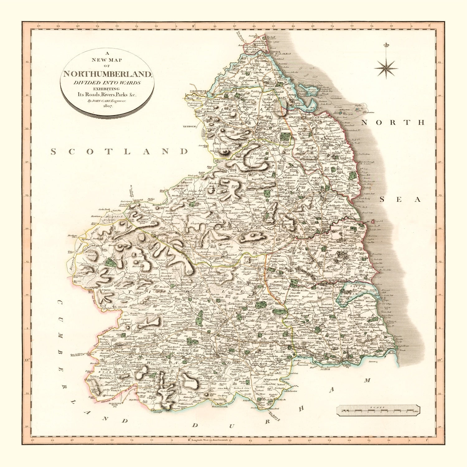 Vintage Map of Northumberland County England, 1807