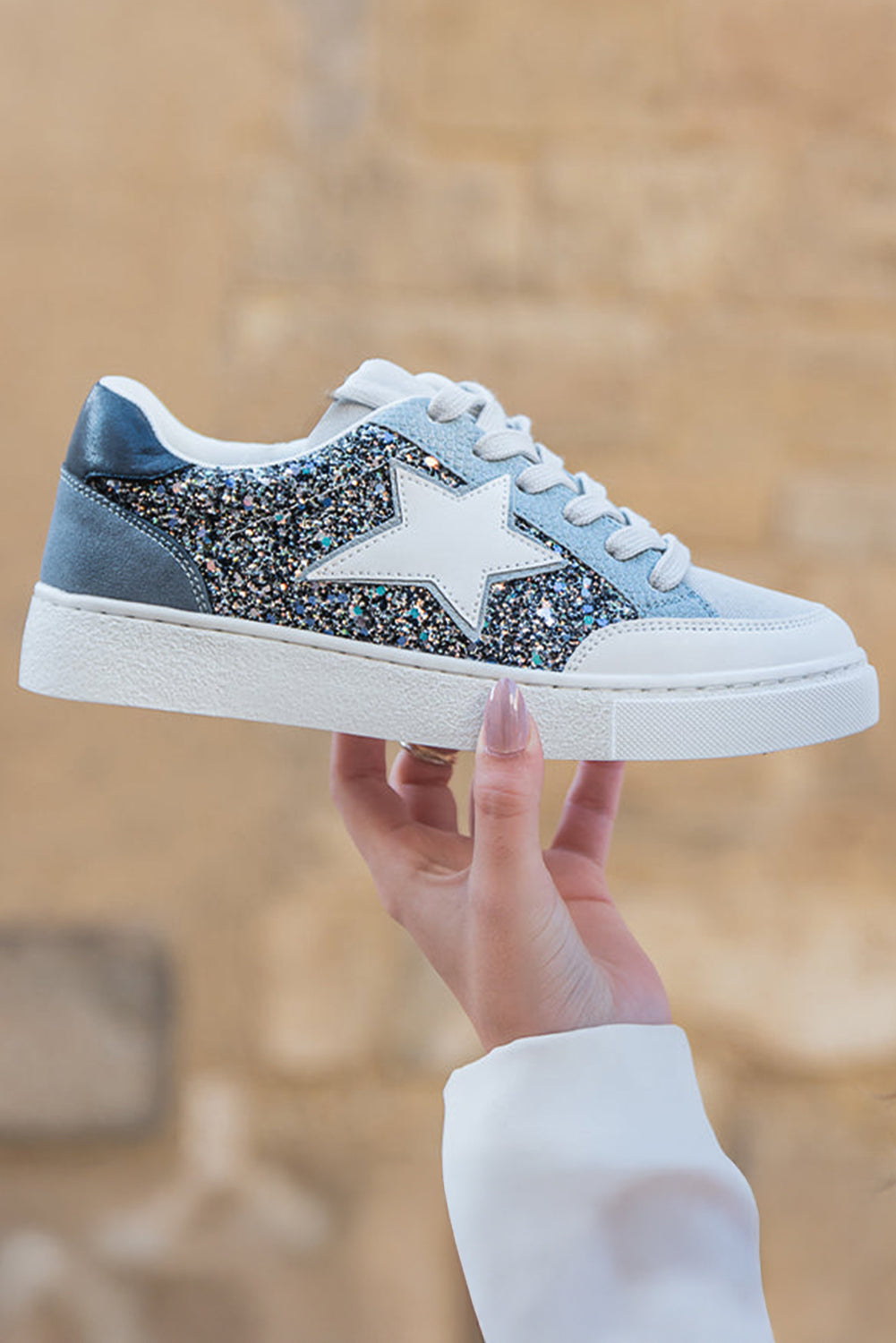 Shiny Silver Sequin Star Patch Lace Up Shoes For Night Out