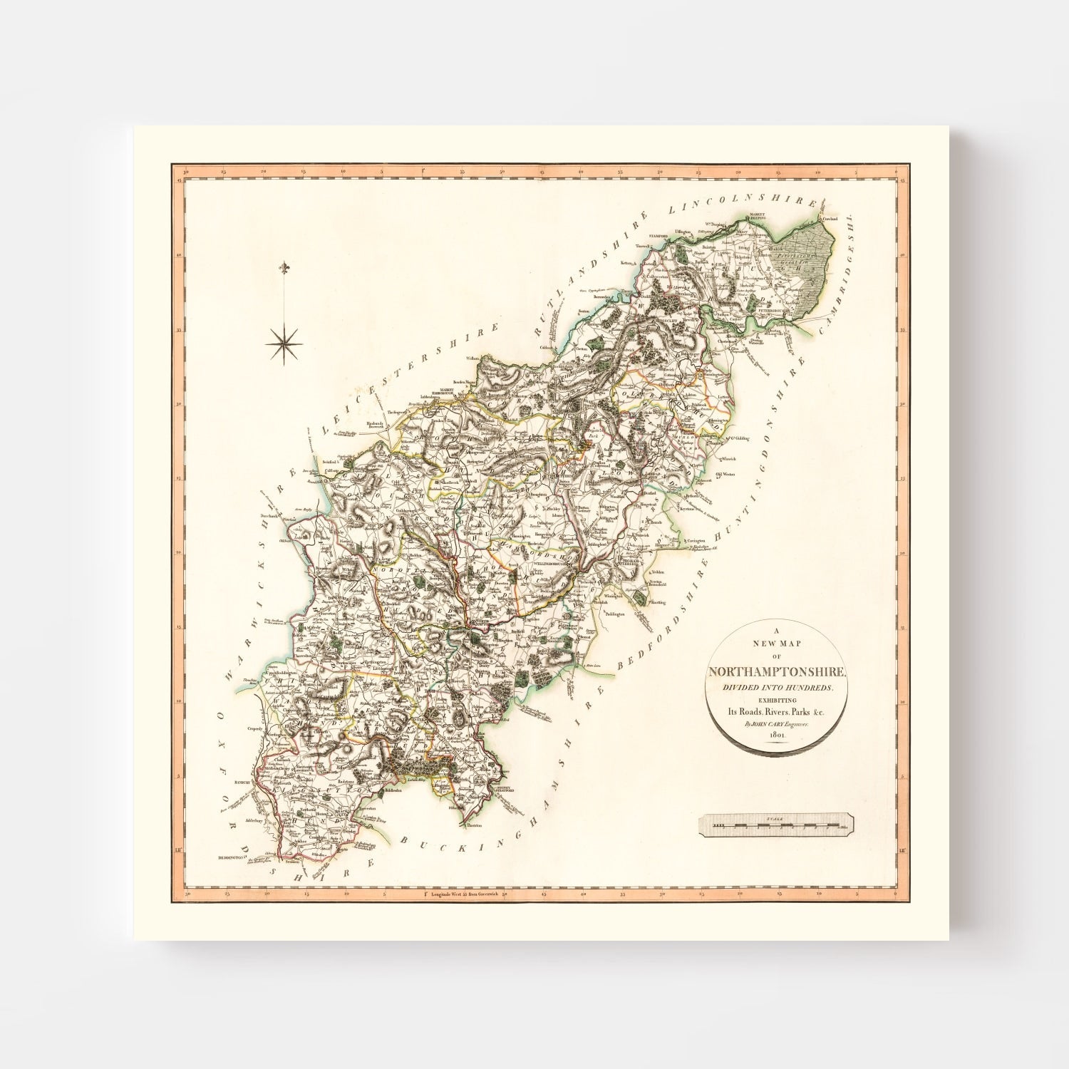 Vintage Map of Northamptonshire County England, 1801