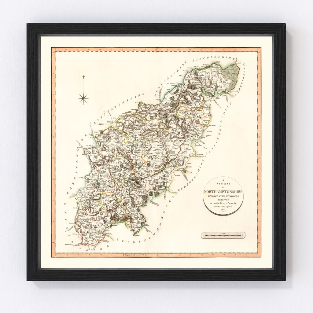 Vintage Map of Northamptonshire County England, 1801