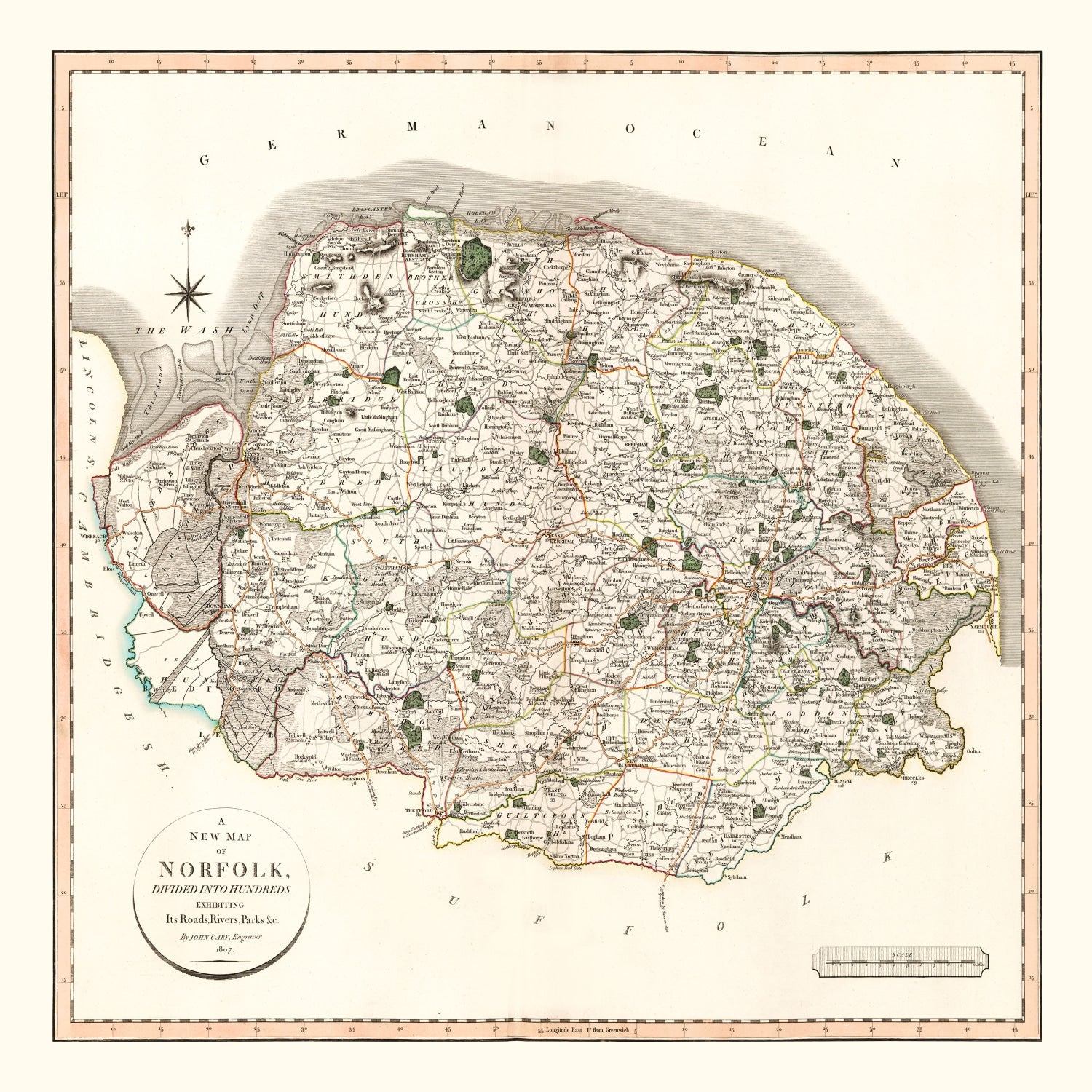 Vintage Map of Norfolk County England, 1807