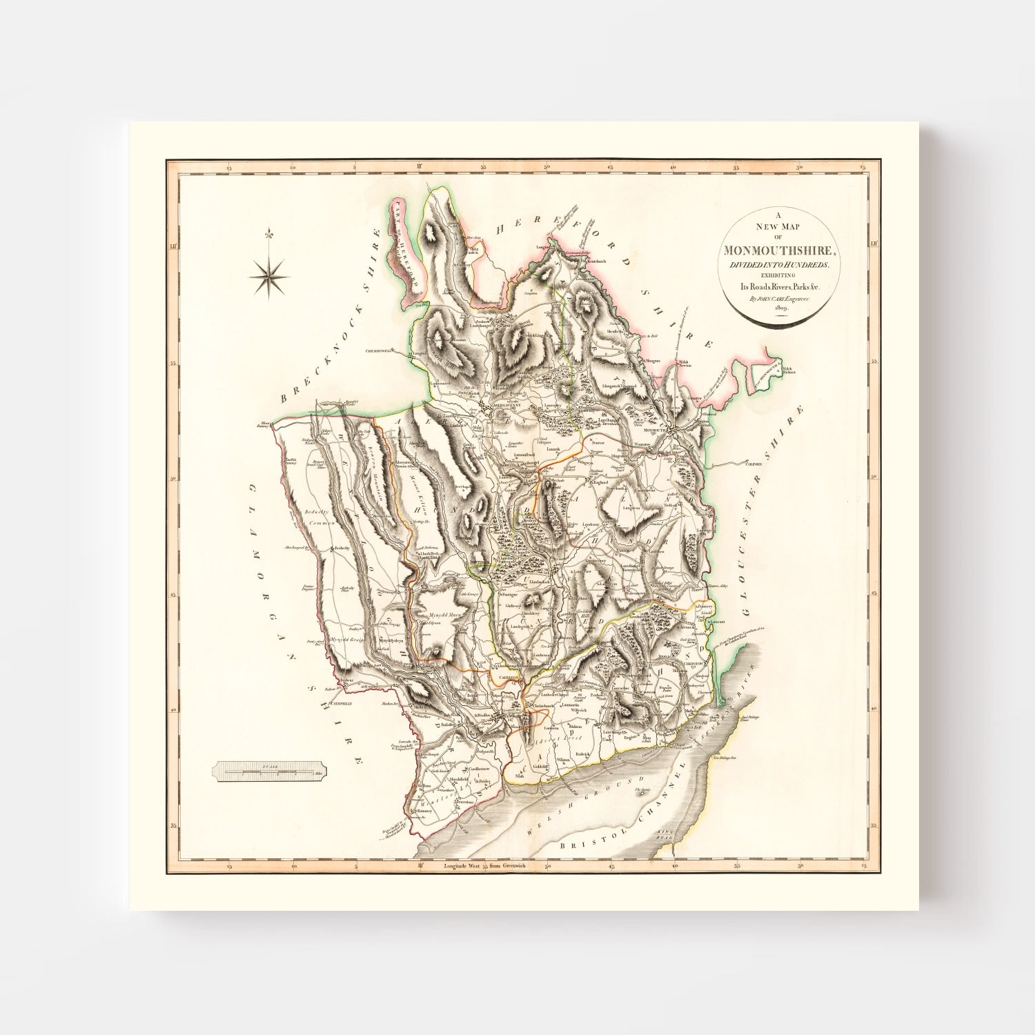 Vintage Map of Monmouthshire County England, 1809