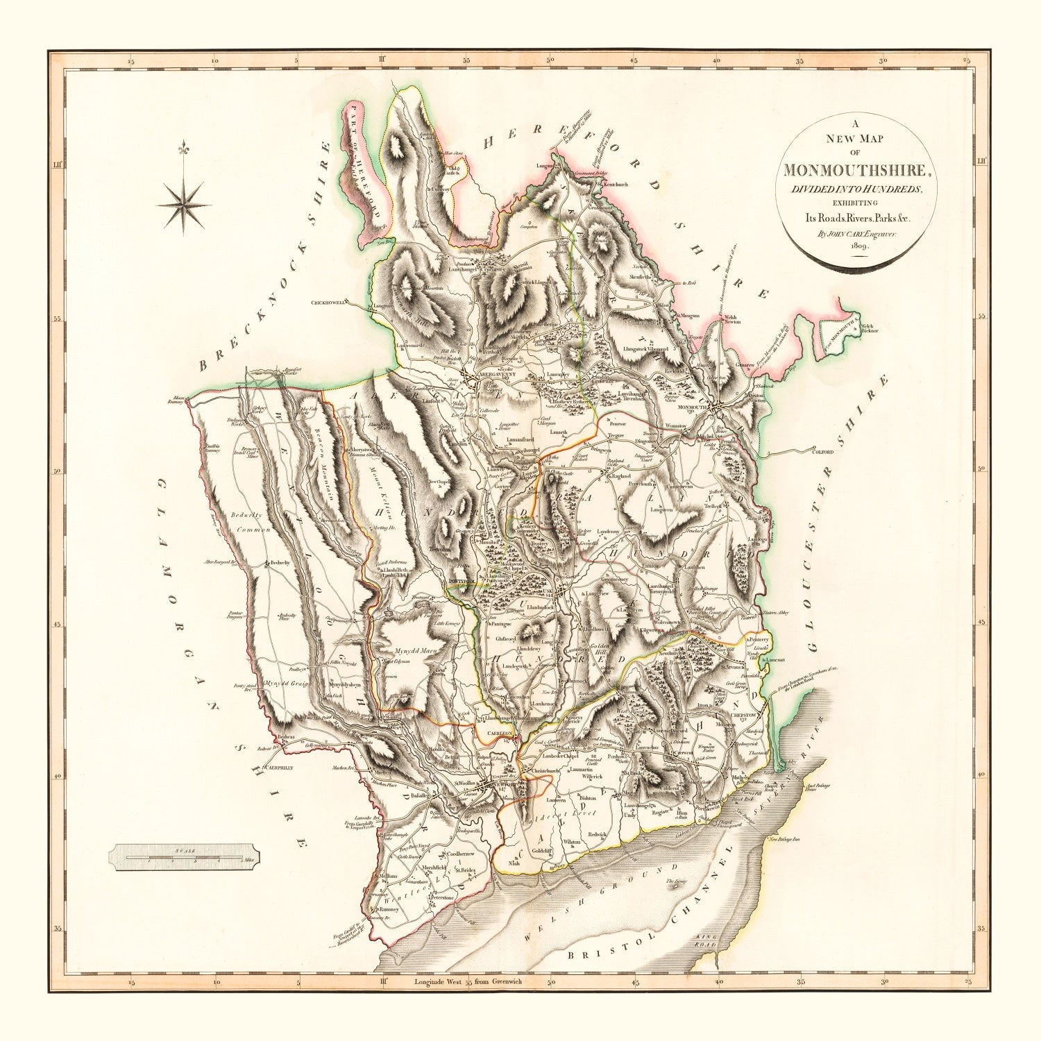 Vintage Map of Monmouthshire County England, 1809