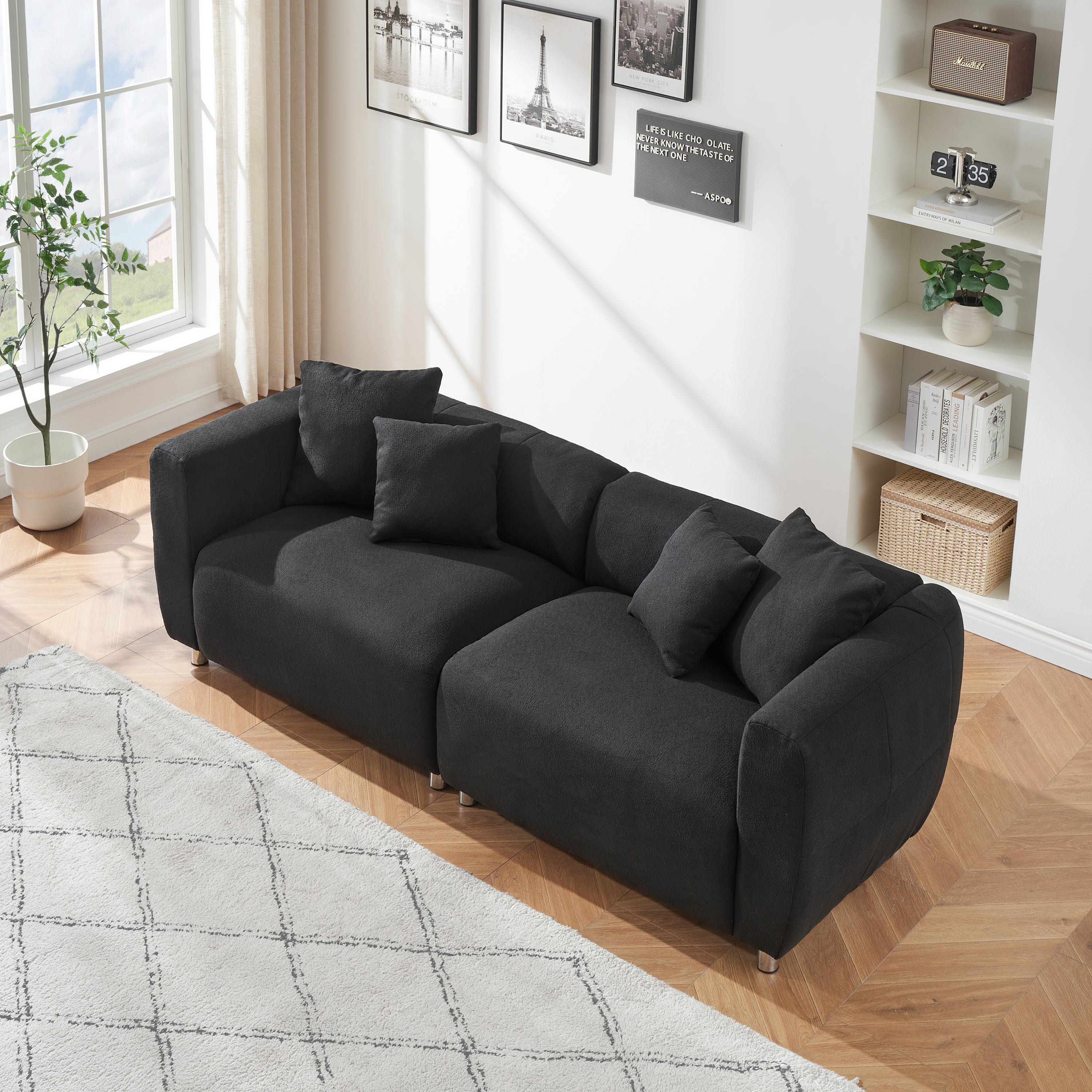 89 inch Sofa for Living Room, Fashion Sofa with Metal Legs, 3 Seater Sofa, Solid Wood Frame Couch with 4Pillows, for Apartment Office Living Room - Black