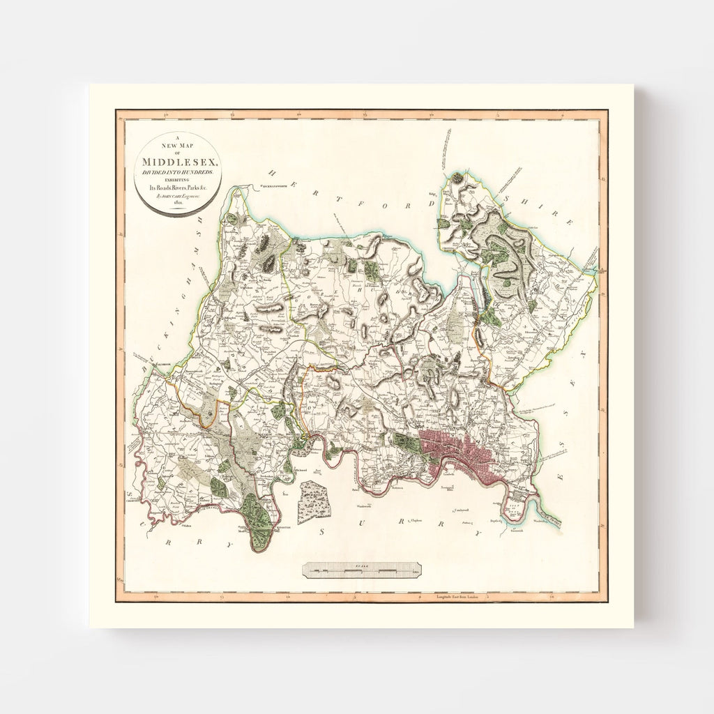 Vintage Map of Middlesex County England, 1801
