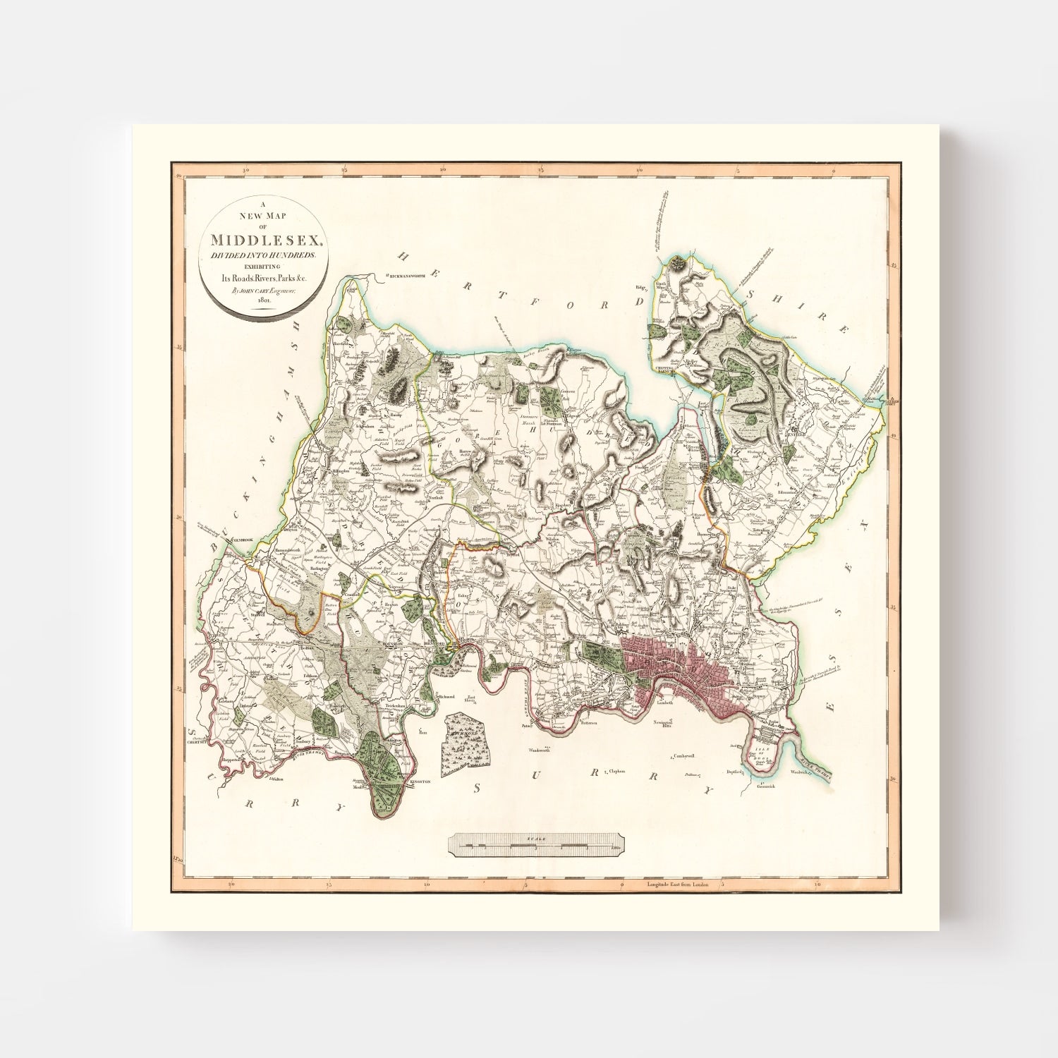 Vintage Map of Middlesex County England, 1801