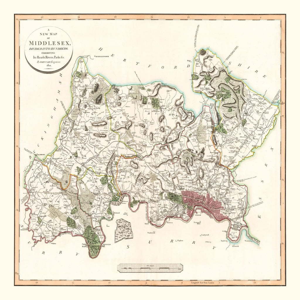 Vintage Map of Middlesex County England, 1801
