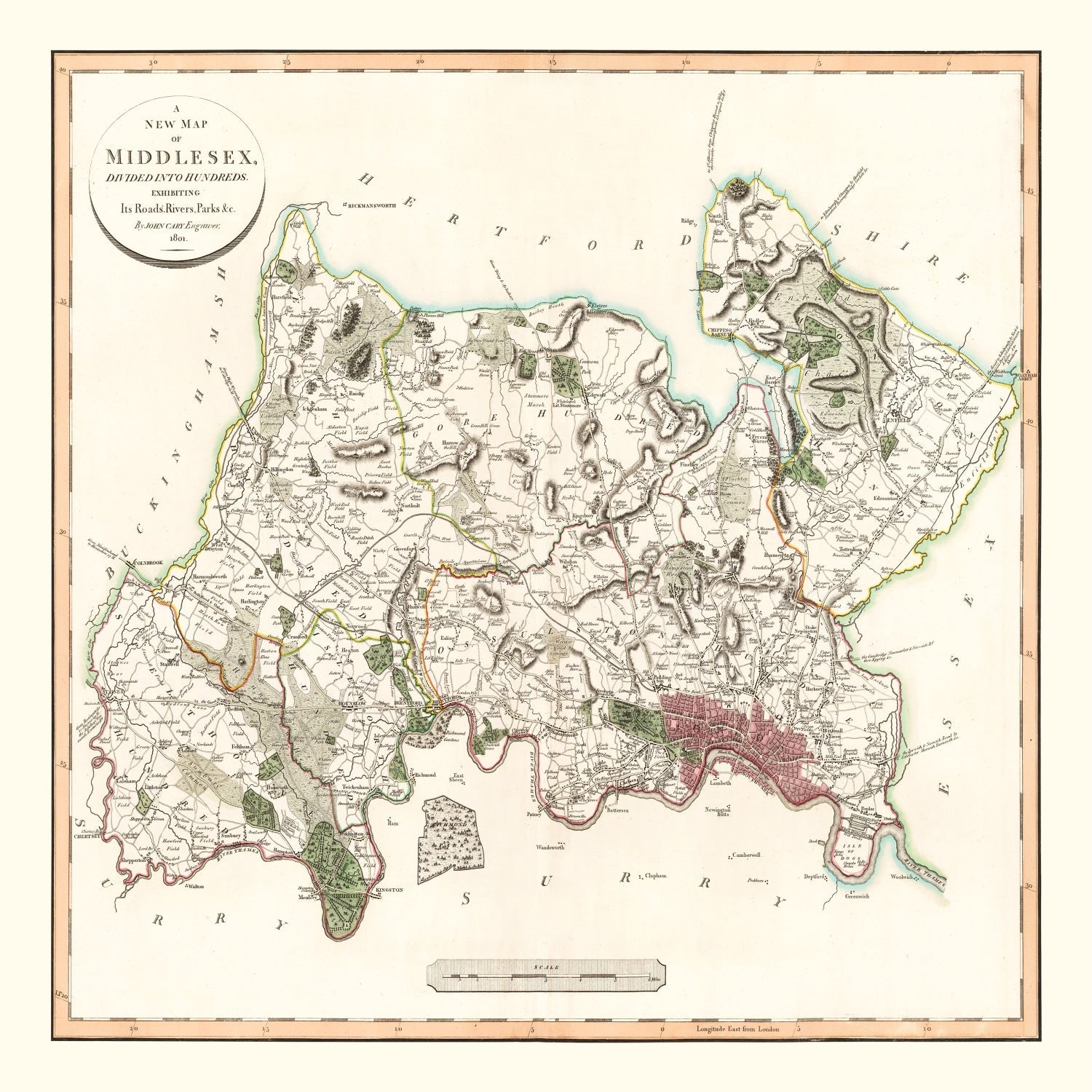Vintage Map of Middlesex County England, 1801