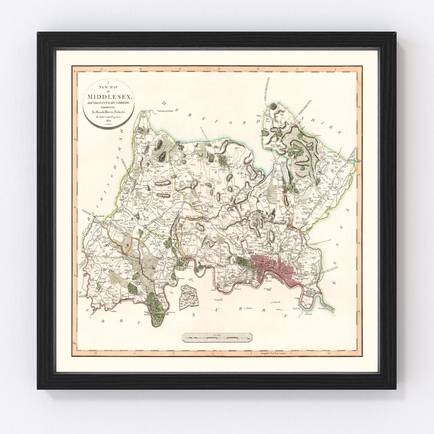 Vintage Map of Middlesex County England, 1801
