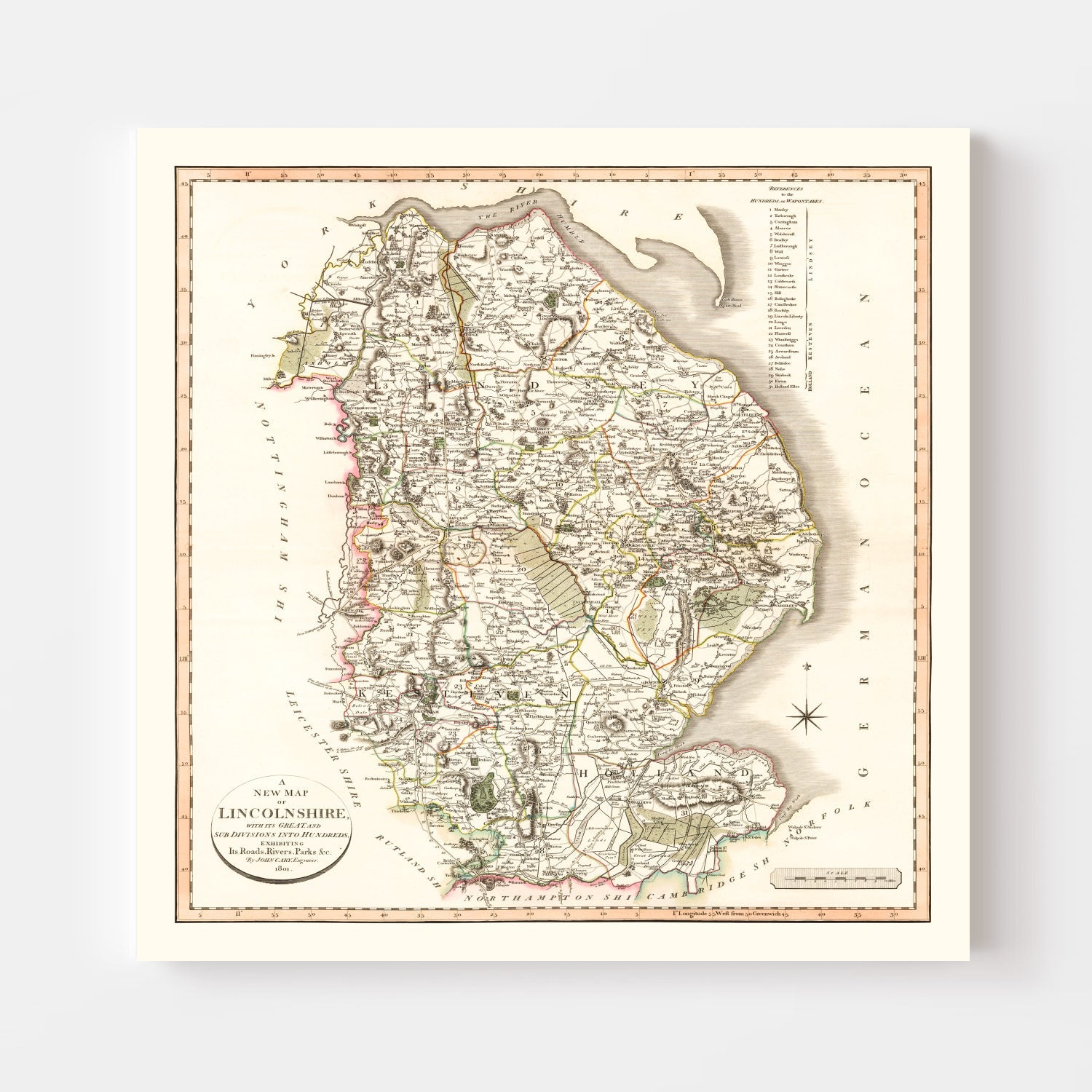 Vintage Map of Lincolnshire County England, 1801