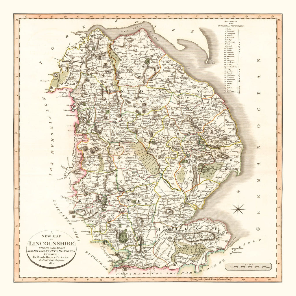 Vintage Map of Lincolnshire County England, 1801