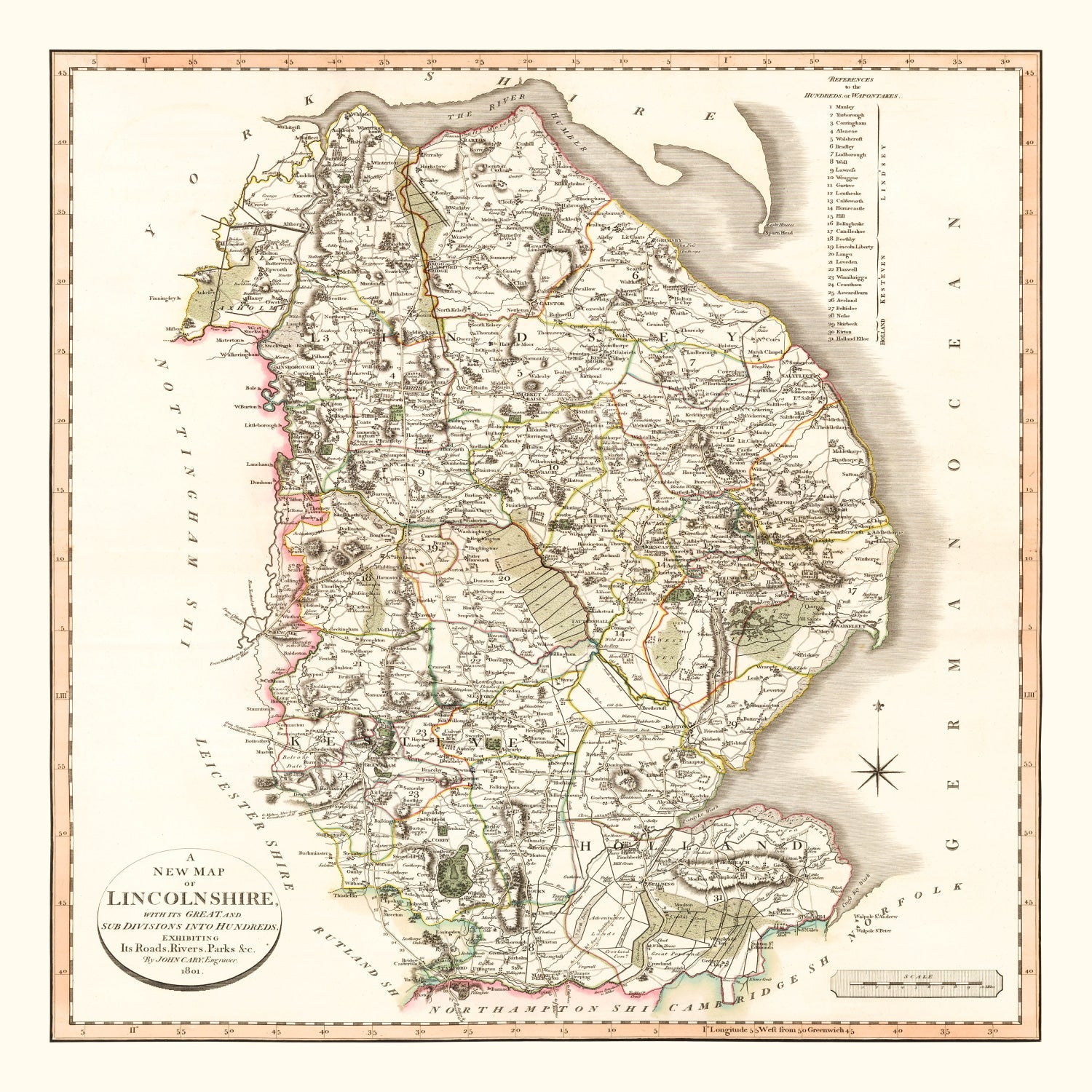 Vintage Map of Lincolnshire County England, 1801