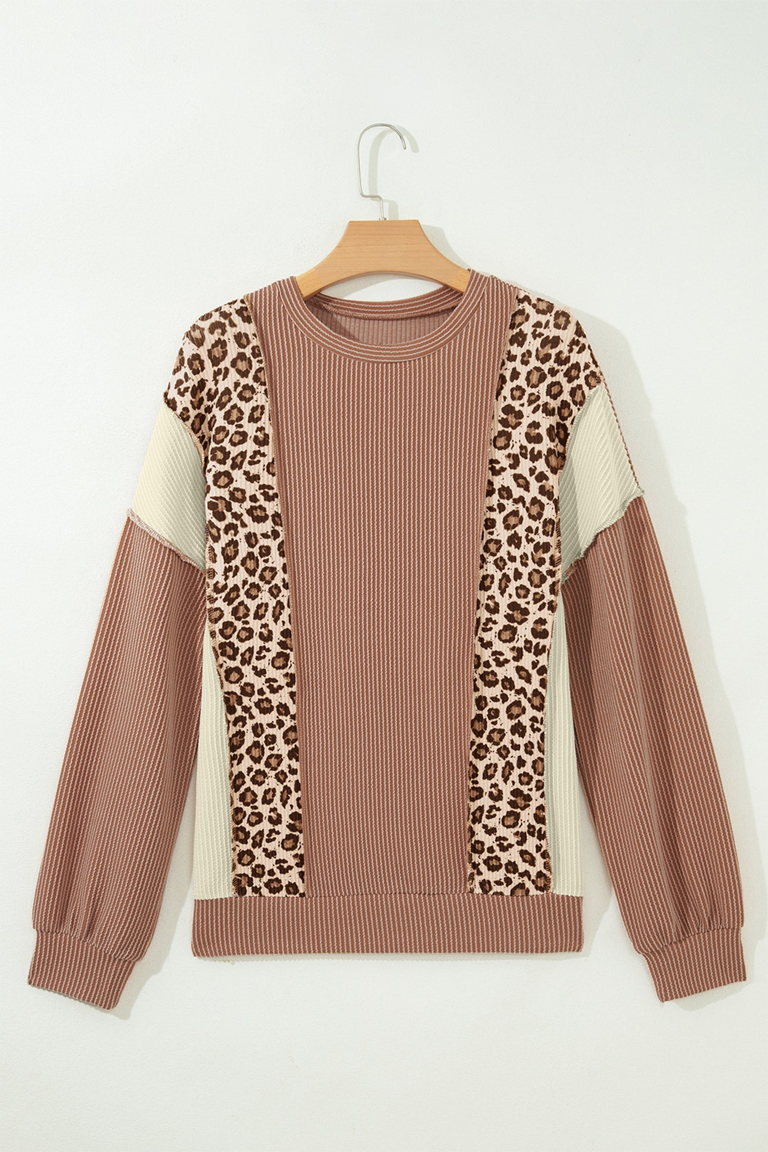 Leopard Colorblock Reverse Seam Corded Knit Long Sleeve Top