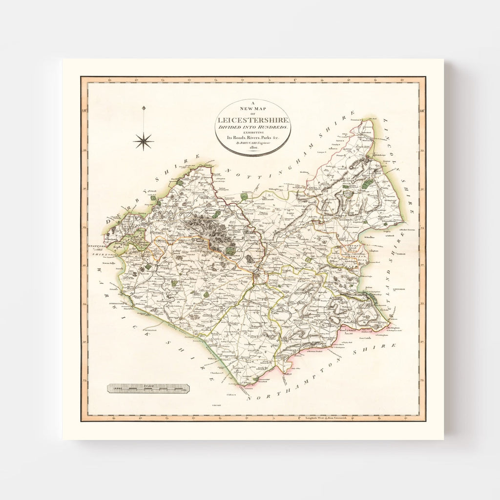 Vintage Map of Leicestershire County England, 1801