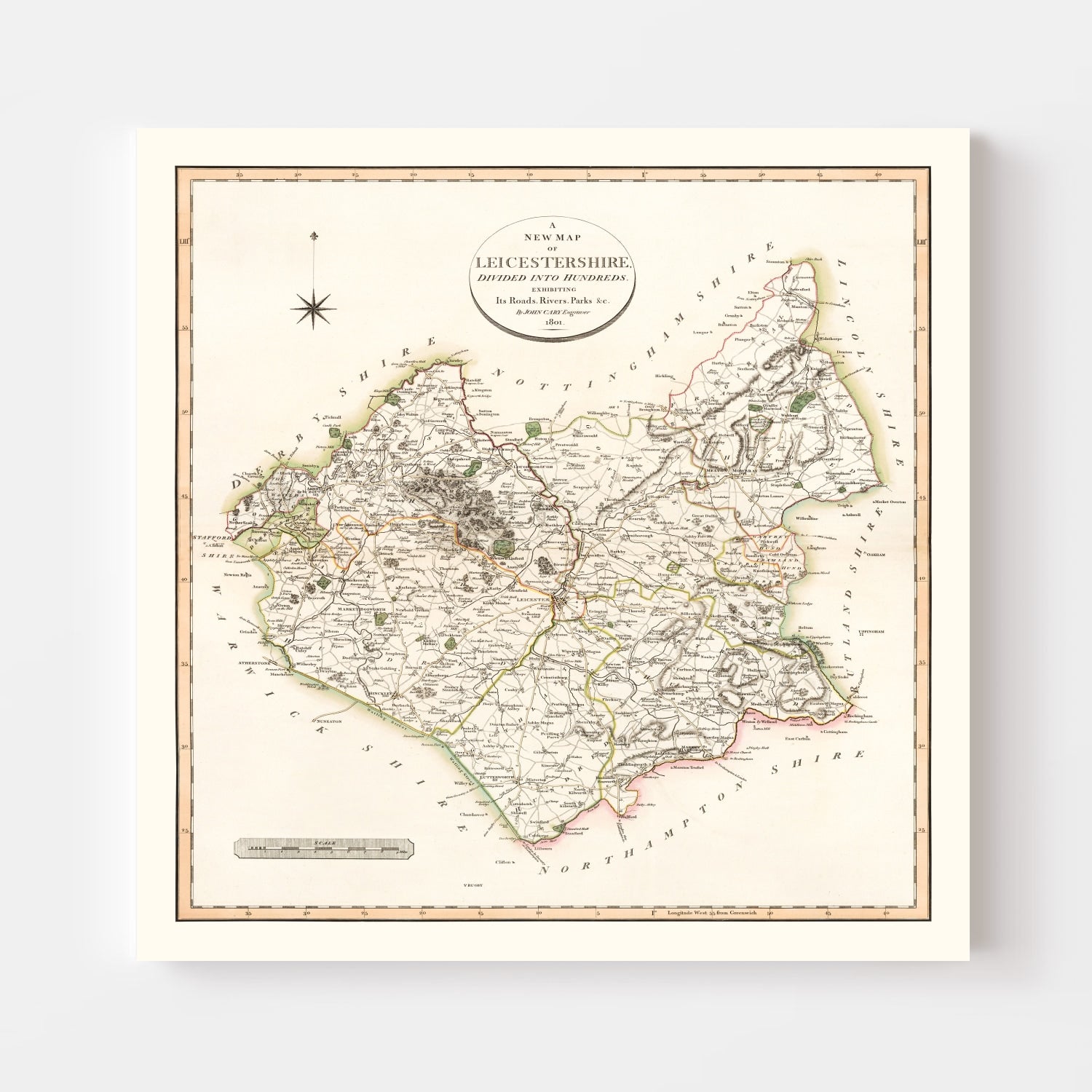 Vintage Map of Leicestershire County England, 1801
