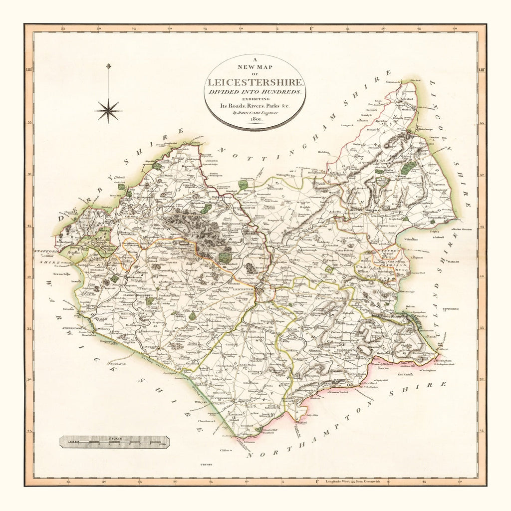Vintage Map of Leicestershire County England, 1801
