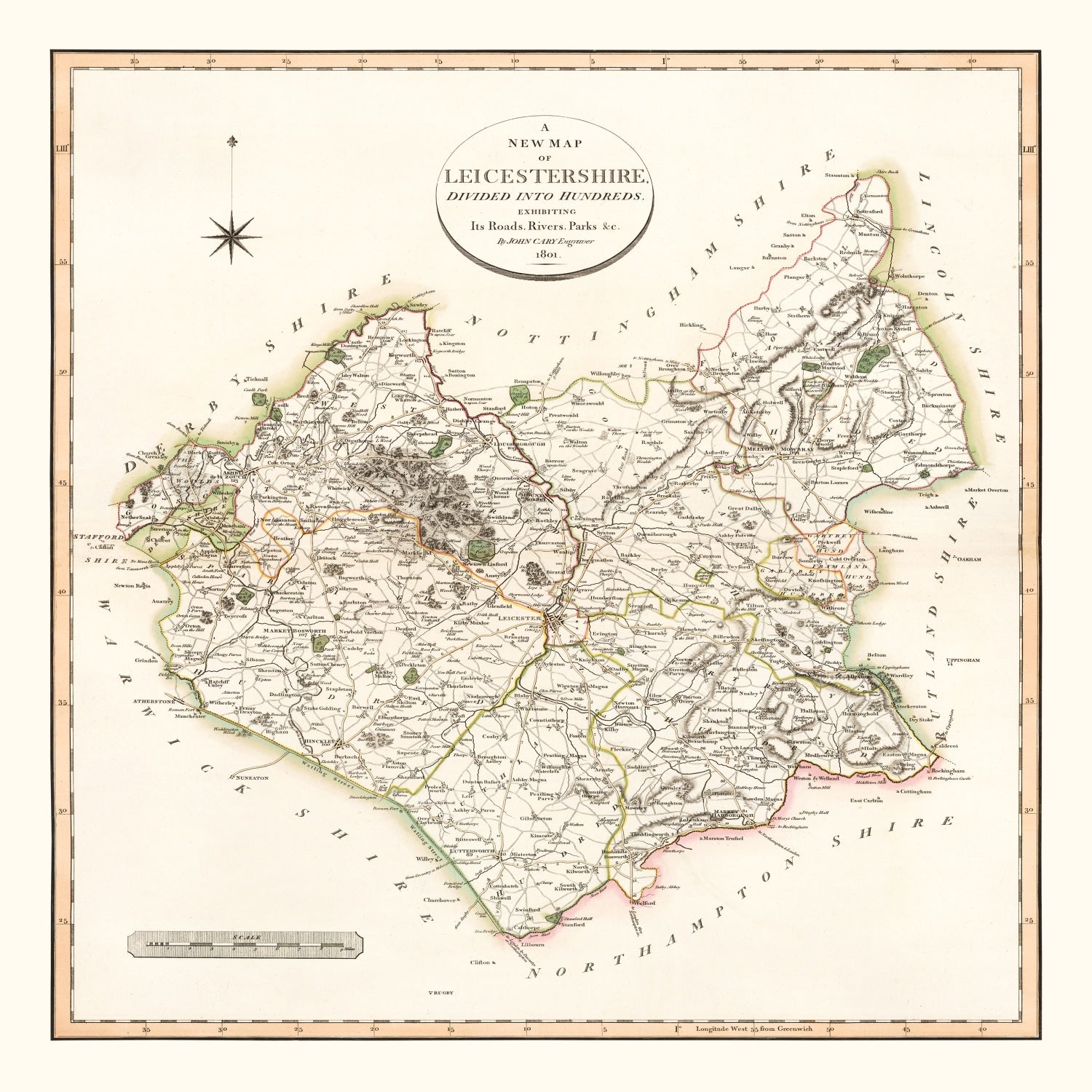 Vintage Map of Leicestershire County England, 1801