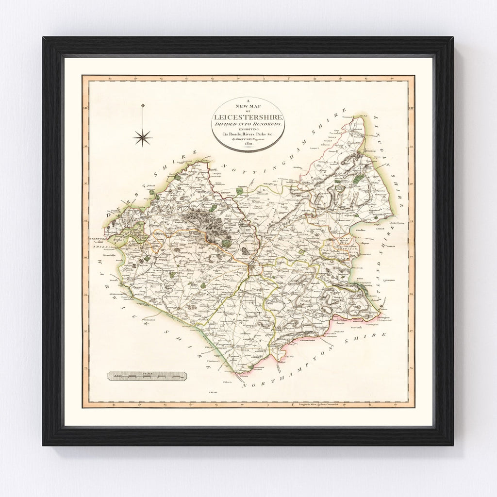 Vintage Map of Leicestershire County England, 1801