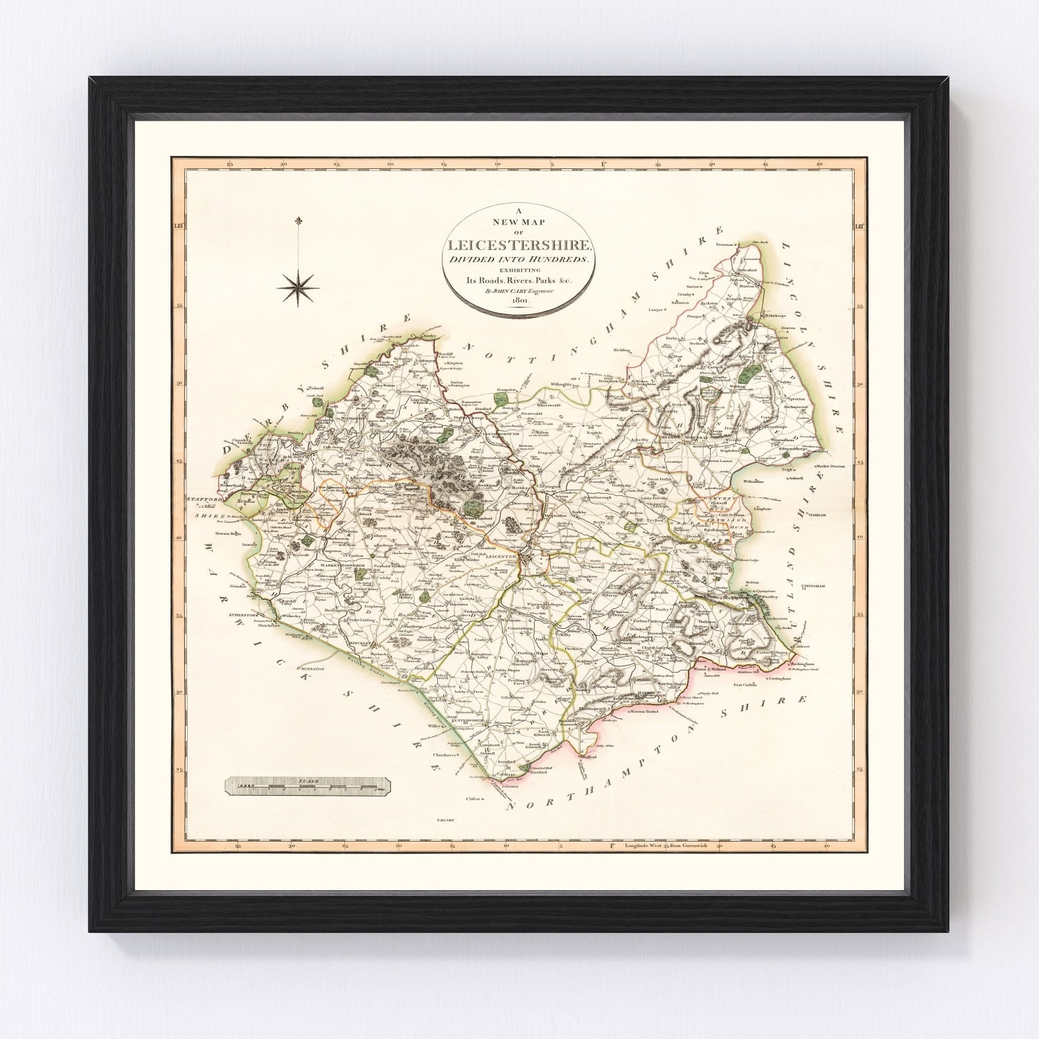 Vintage Map of Leicestershire County England, 1801