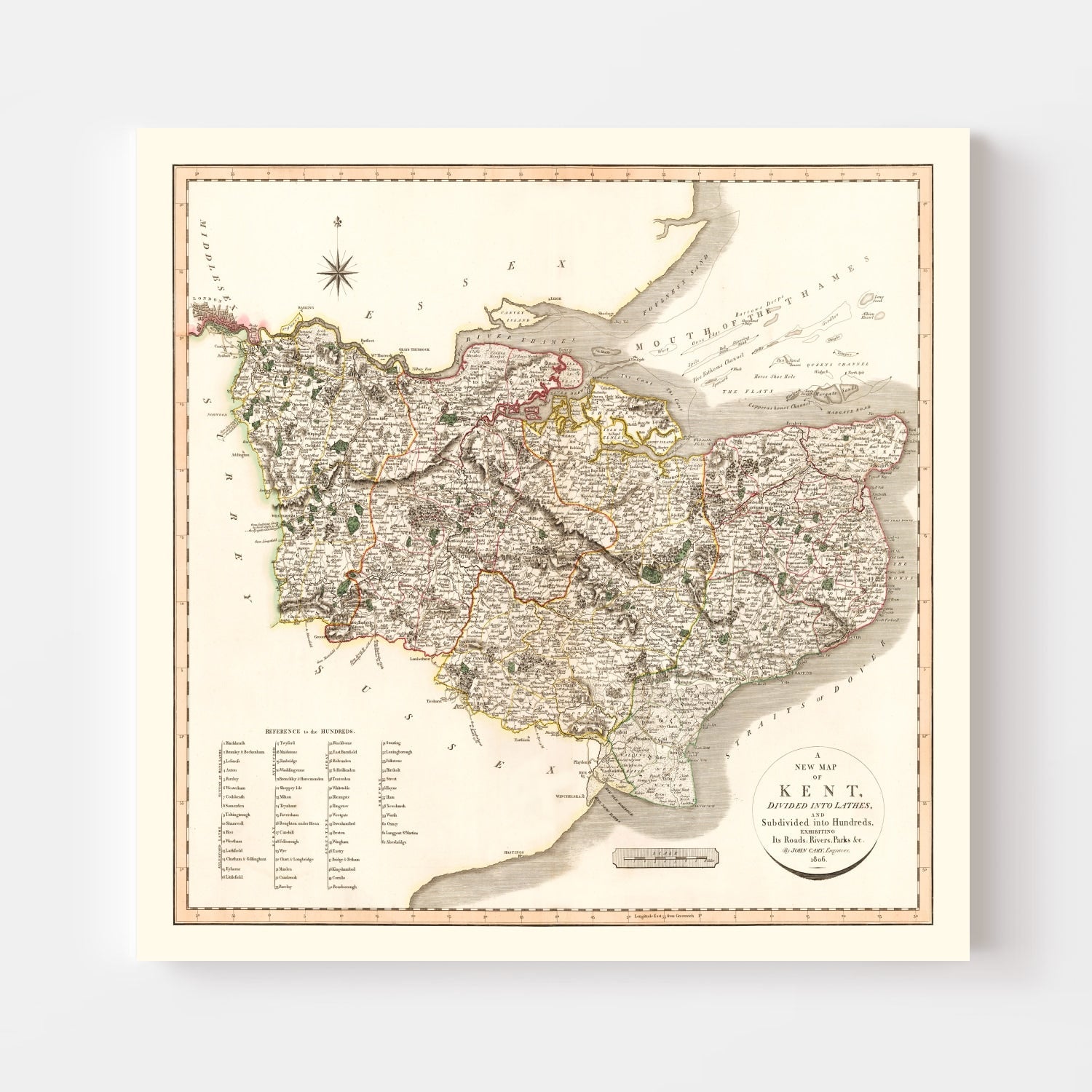 Vintage Map of Kent County England, 1806