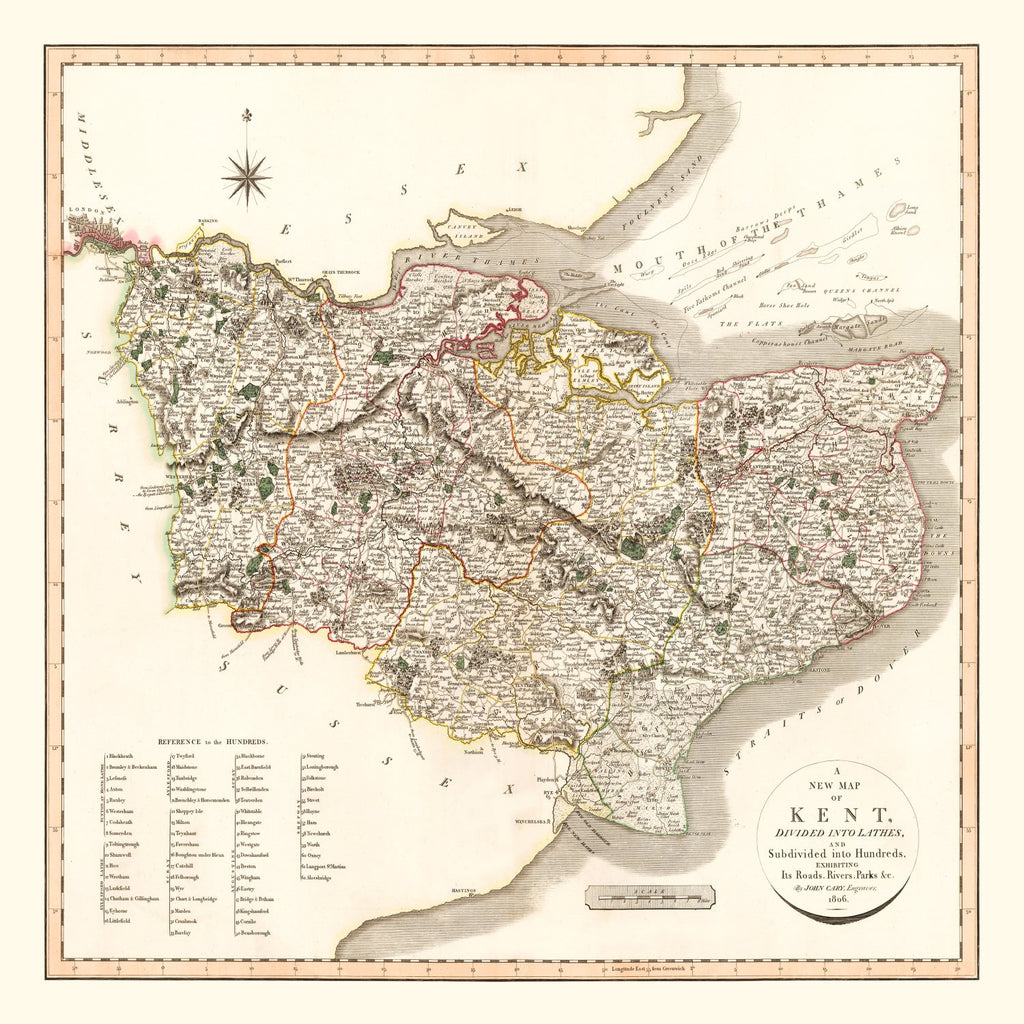 Vintage Map of Kent County England, 1806